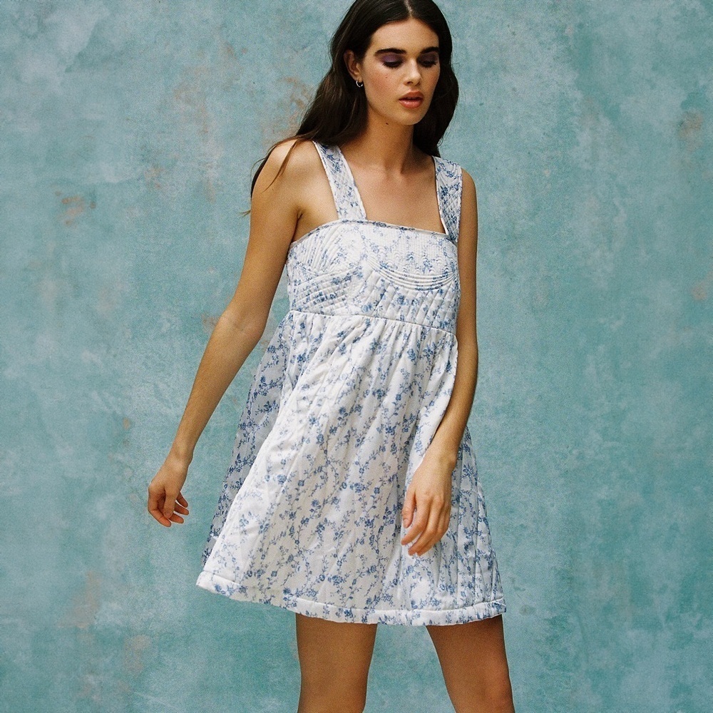 Laura Ashley Urban Outfitters Exclusive - Mia Quilted Mini Dress - Blue & White